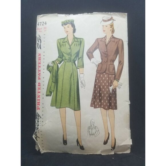HTF 1943 Simplicity Sewing Pattern #4724 WWII Era Dress Jacket Size 16 Misses - Picture 1 of 3